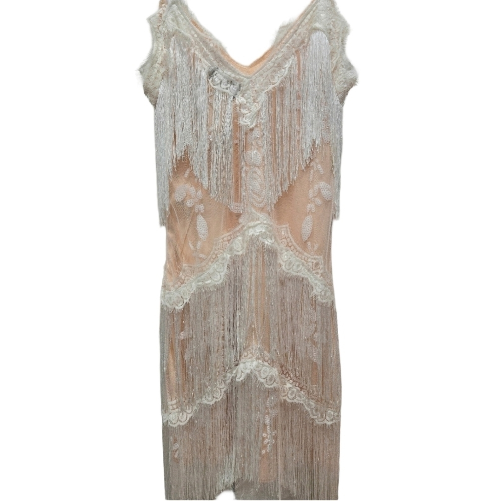 ✨2/$25 Fundaisy Fringe Lace Dress in Peach and White Flapper Party Dress - Picture 3 of 4